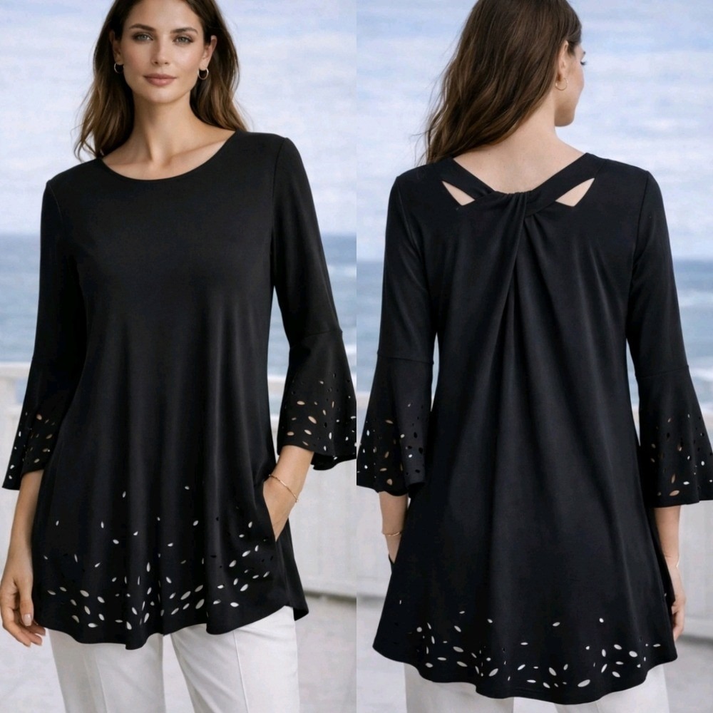 IC COLLECTION by Connie K NEW Black Laser Cut Twist Pocket Jersey Top SZ Medium